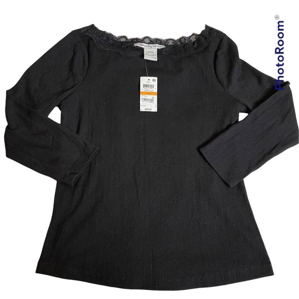 American Rag Cie Women‎ Black Ribbed Lace Trim Boat Neck Long Sleeve Top 9FK27 S